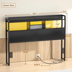 Homieasy Headboard with Power Outlets & RGB LED Light & Storage Shelf & Pegboard - Picture 1 of 21