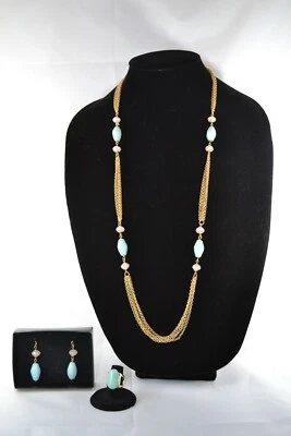 复古雅芳 17 英寸模拟玉珍珠项链耳环和戒指套装 — 第 1/4 张图片