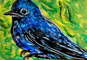 PINTURA ORIGINAL ACEO Púrpura MARTIN Azul AVE Primavera Naturaleza Granja Naturaleza ATC ARTE - Imagen 1 de 1