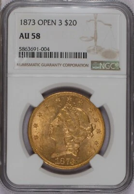 1873 Gold Liberty Head Open 3 Type 2 Double Eagle $20 NGC AU58. P.Q. - Image 1 of 2