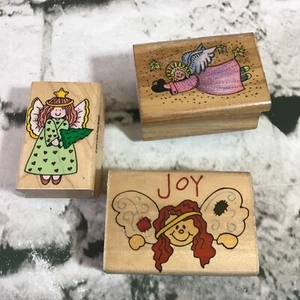 Wood Mounted Rubber Stamps Angels Lot Of 3 Joy Cartoon Religious - Picture 1 of 4