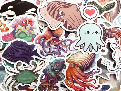 AQUATIC OCEAN ANIMALS STICKERS 50 Ocean Marine Life Stickers Aquatic Scrapbooking Journal Skin Lot Bulk Decals