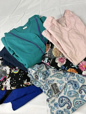 Lot of 8 Med Scrubs Pocketed Shirts Tops Various Colors Various Designs Y - Image 1 of 3