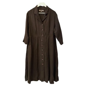 FLAX 100% Linen Chocolate Brown Lagenlook Midi Dress with Pockets Women's size M - Picture 1 of 6