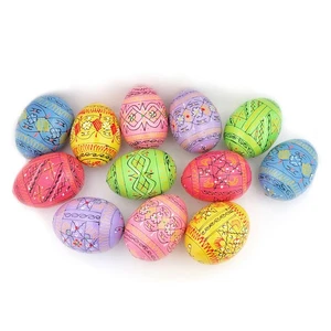 12 Pcs Colorful Wooden Ukranian Hand Painted Pysanky Eggs 2 5/8 Inch - Picture 1 of 1