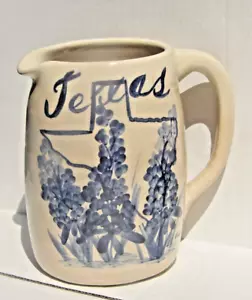 vintage TEXAS BLUEBONNET pottery jug pitcher STORIE MARSHALL handmade art SIGNED - Picture 1 of 9