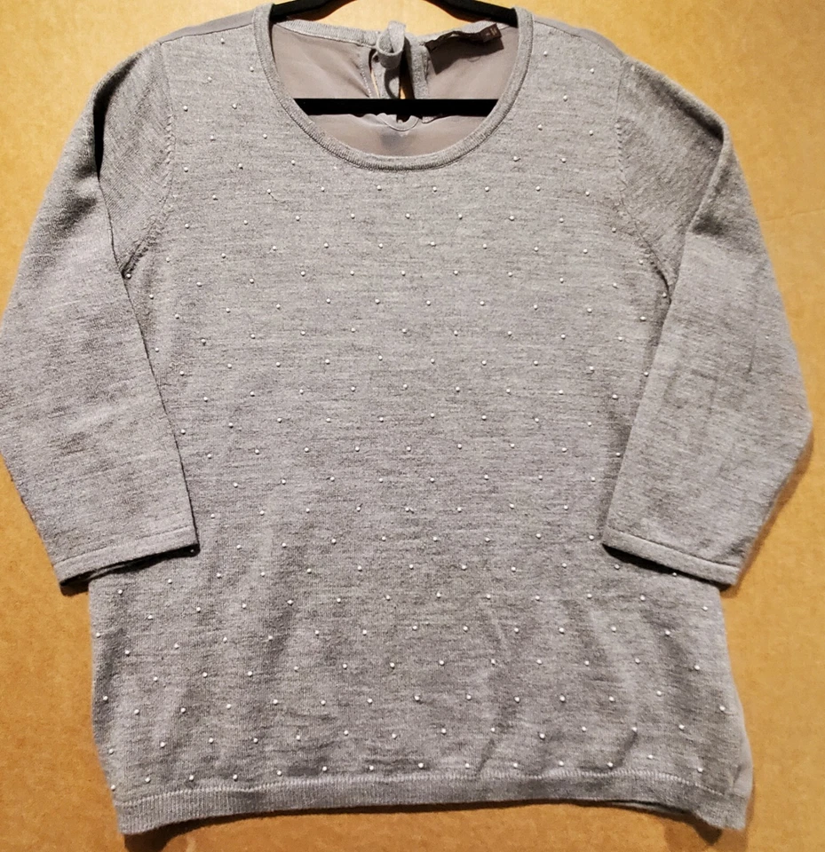 The Limited Women's Pullover Sweater XL Gray White Pearls 3/4 Sleeve Round Neck  - Image 1 of 4