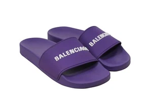 Balenciaga Slide Flip Flops US 8 IT 38 Purple Rubber White Logo Pool Sandals - Picture 1 of 9