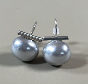 Gray Oval South Sea Shell Pearl Ball Earrings Silver Bar Open Ear Wires Natural - Picture 1 of 12