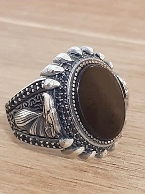ANELLO UOMO AQUILA Eagle ARGENTO 925 Sterling pirata onice solitario Ring Men $ - Immagine 1 di 4