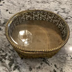Vintage Antique Vanity Filigree Ormolu Brass Beveled Glass Trinket Dresser Box - Picture 1 of 8