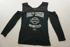 Harley Davidson Womens Shirt Size Large Black Long Sleeve Open Shoulder - Picture 1 of 9