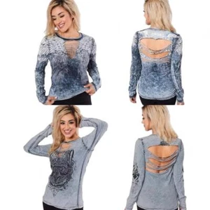 Women's Affliction L/S Age of Winter Reversible Tie Dye Tee T-Shirt Top XS-XL - Picture 1 of 5