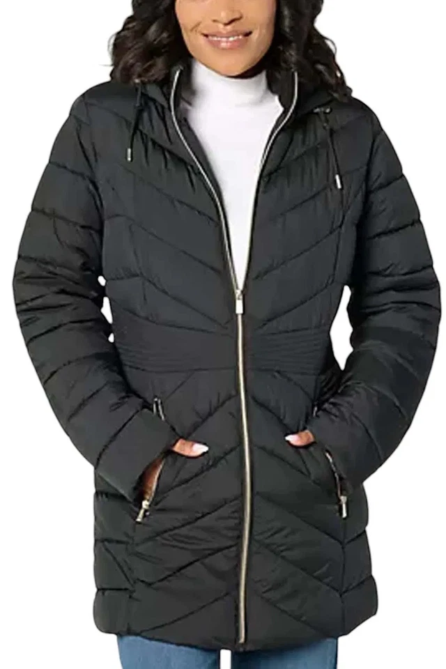 Susan Graver Women's Water-Resistant Quilted Jacket w/Hood&Waist Black - Image 1 of 1