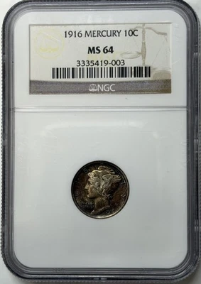 1916 Mercury Dime 10c NGC MS64 Silver Coin ~ Nice Toner! 🌈 - Image 1 of 2