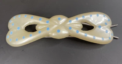 Vintage Hair Clip Barrette White Bow W/ Blue Polka Dots Cork Pad - Image 1 of 4
