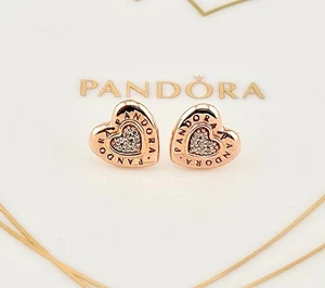 New Genuine Pandora Rose Gold Signature Logo Heart Stud Earrings 287382CZ - Picture 1 of 10