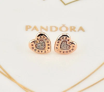 New Genuine Pandora Rose Gold Signature Logo Heart Stud Earrings 287382CZ - Image 1 of 4