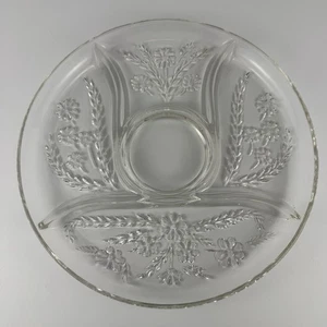 Vintage Clear Glass Divided Relish Tray Floral Etched 11” Round 4-Section Plate - Picture 1 of 5