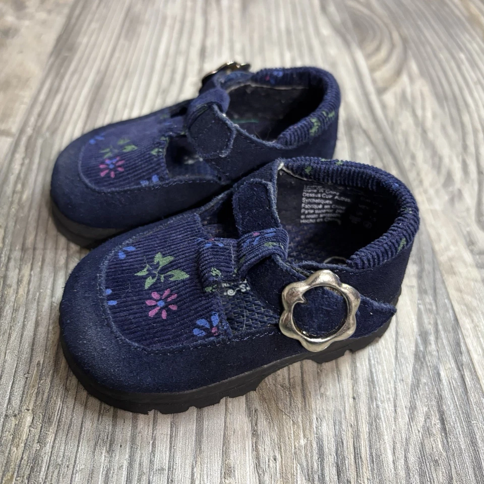 Navy Blue Infant Size 2 Leather Corduroy Mary Jane With Flowers - Image 1 of 4