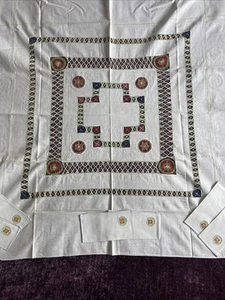 Antique Hand Drawn Thread Work Coloured Linen Table Cloth 45” Square & 6 Napkins - Picture 1 of 10