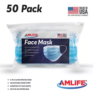 Amlife 50 Confezione Maschera Viso Monouso Maschere Filtro 3 Stradi Made in USA Tessuto di Importazione - Foto 1 di 7