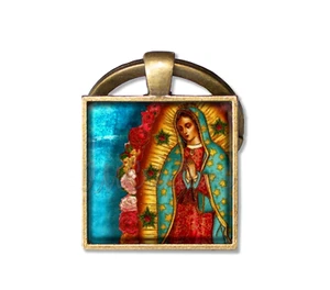 Our Lady of Guadalupe - Handmade SQUARE Glass Pendant Key Ring - Picture 1 of 5