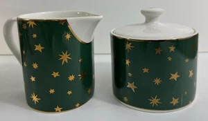 Sakura Galaxy Fine China Holiday Dinnerware Sugar Creamer Green 14K Gold Stars - Picture 1 of 6