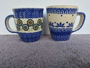 Hand Made Boleslawiec Polish Pottery Blue White Mugs Cups Approx 4" Set of 2 - Picture 1 of 3