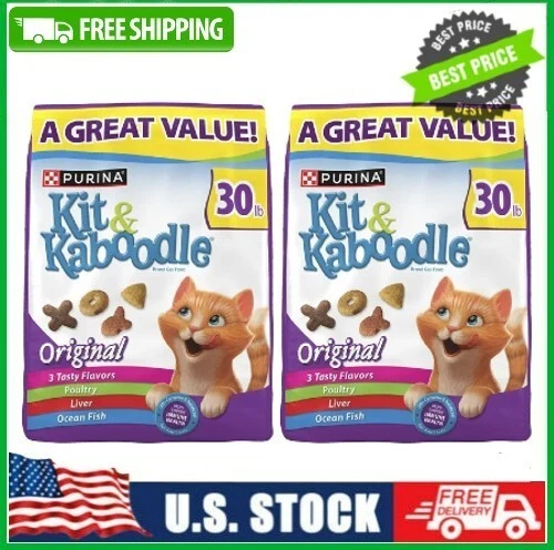 2 Bags Purina Kit and Kaboodle Original Dry Cat Food for Adult Cats, 30 lb Bag