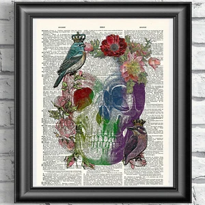 Watercolour Floral Skull and Birds on Antique Dictionary Book Page Picture - Picture 1 of 3