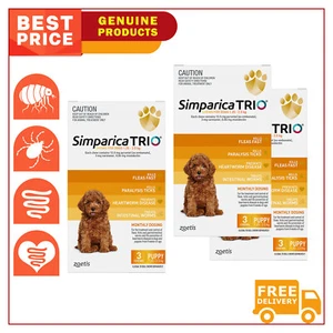 SIMPARICA TRIO 3, 6 Chews Heartworm Flea Control Yellow for 1.25 to 2.5 Kg Dogs - Picture 1 of 4