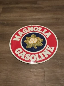 VINTAGE Magnolia Gasoline Sign - Gas Motor Oil Plate Porcelain Sign RARE DESIGN - Picture 1 of 2