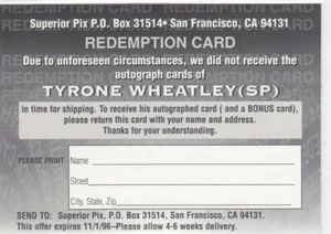 1995 Tyrone Wheatley Superior Pix ROOKIE AUTO REDEMPTION Expired - Michigan  - Picture 1 of 1