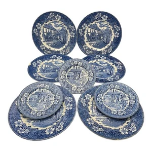 Royal Tudor Ware Coaching Tavern 1828 Blue Transferware Plates Set 9pcs Vintage - Picture 1 of 12