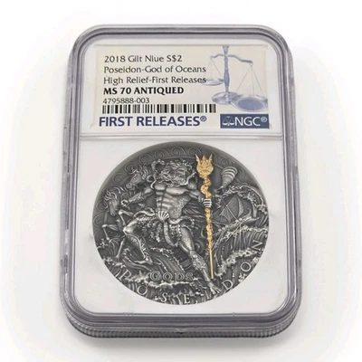 2018 Niue $2 Poseidon-God Of Oceans 2oz Silver Coin NGC MS70 Antiqued FR Rare - Image 1 of 4