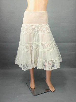 Anágua anos 50 meia deslizamento G XL vintage marfim branco renda em camadas chiffon crinolina - Imagem 1 de 4