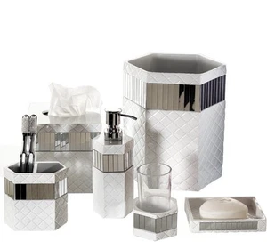 Quilted Mirror White Bathroom Accessories Set - Decorative 6 Piece Bathroom S... - Picture 1 of 9