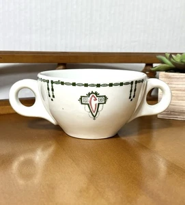 Vintage 1920s Double Handle Restaurant Ware Green Geometric Red “C” - Picture 1 of 8