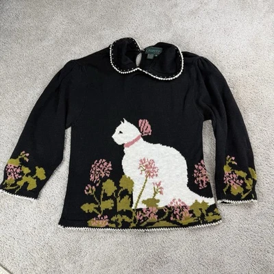 Suéter Vintage Años 90 Cullinane Negro Floral y Blanco Gato Cottagecore Abuela Talla M Foto 1 de 4