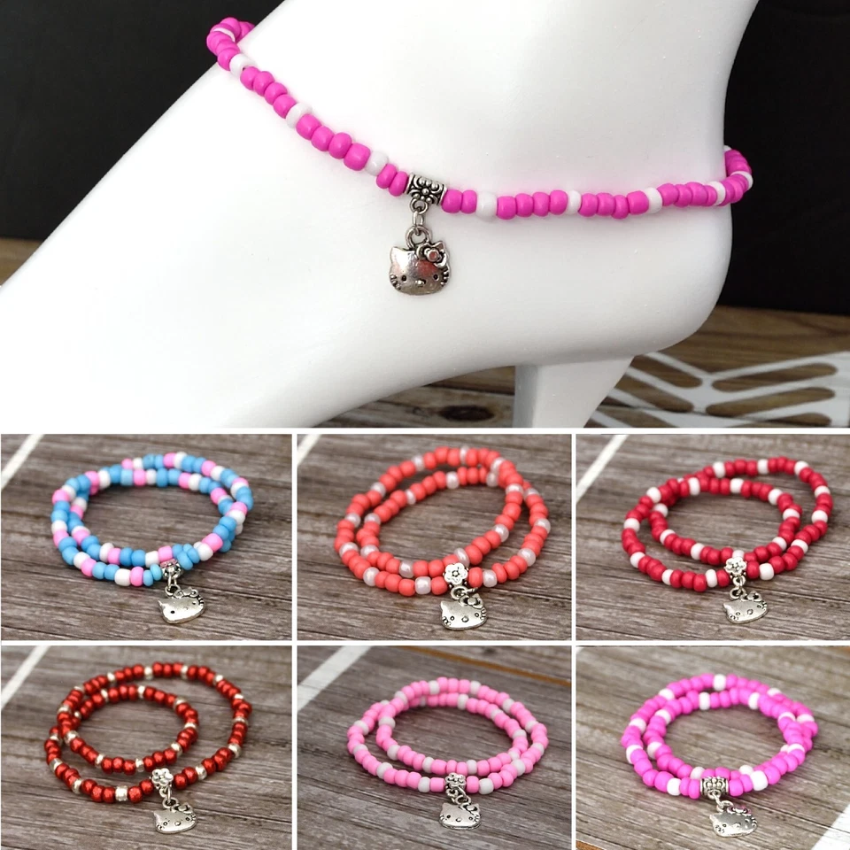 Pulseira elástica de contas de vidro no tornozelo com prata tibetana Hello Kitty - Imagem 1 de 1