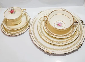 Aynsley St. George Bone China Beaded Edge 7 Piece Dinner Set Pink Rose Gold Trim - Picture 1 of 18