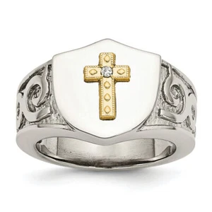 Stainless Steel 10K Gold Cross Diamond Wedding Ring - Picture 1 of 13