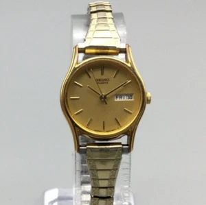 Vtg Seiko Watch Women 22mm 7N83-6021 Gold Tone Day Date Stretch Band New Battery - Picture 1 of 12