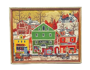 Vintage Framed Needlepoint Art Charles Wysocki Main Street Dimensions 2143 - Picture 1 of 12