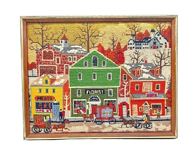 Vintage Framed Needlepoint Art Charles Wysocki Main Street Dimensions 2143 - Image 1 of 4