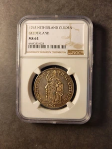 Netherlands silver gulden 1763 Gelderland GEM uncirculated NGC MS64 - Picture 1 of 2