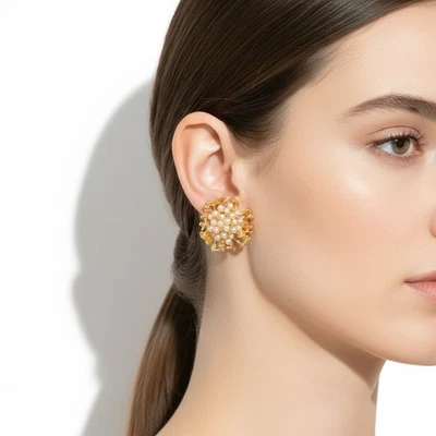 Anthropologie Wedding Flower Earrings Pearl CZ Stud Bridal Gold 18k VTG Boho - Image 1 of 4