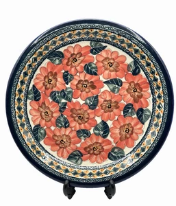 Plato de cerámica polaco único 10,75" FLORES DE CORAL firmado AJ CRAZING DECORACIÓN SOLAMENTE - Imagen 1 de 22