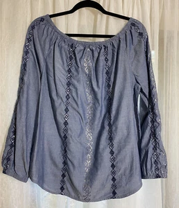 Chicos Größe 1/ Medium Chambray bestickt Pailletten elastischer Ausschnitt 100% Baumwolle - Bild 1 von 17
